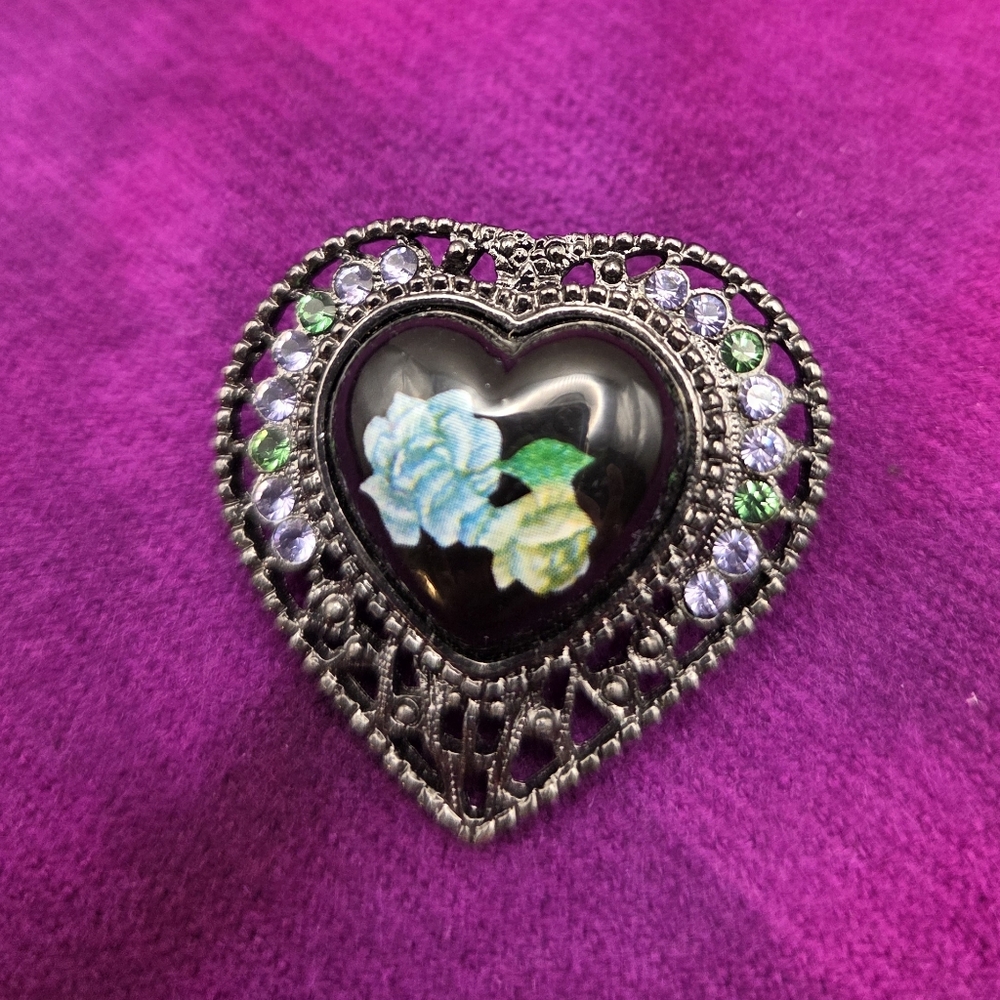 Vintage 1928 Black and Silver Tone Heart Brooch with Floral Accents
